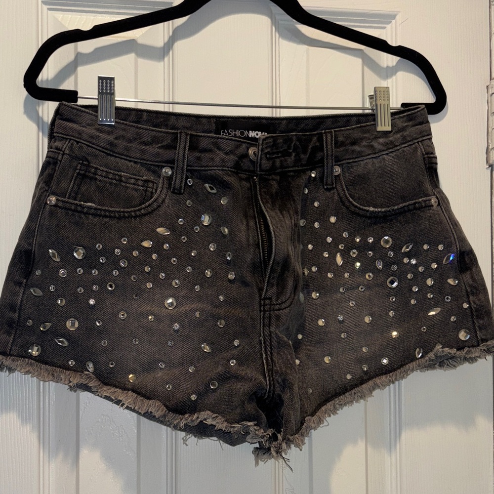 Fashion Nova Black Rhinestone-Studded High-Rise Denim Shorts